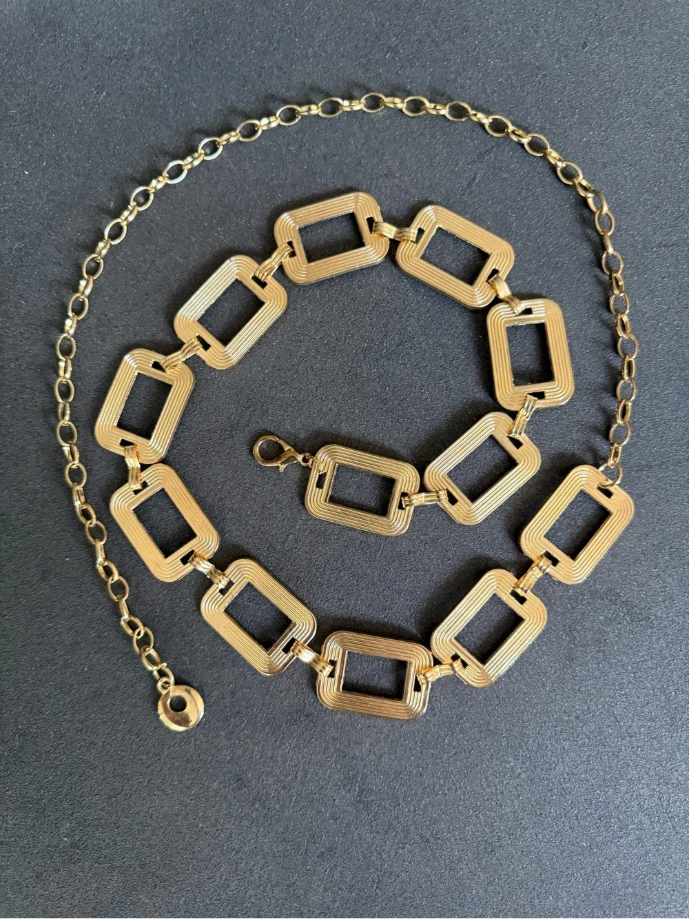 Vintage Gold Textured Rectangle Link Chain Belt Drop Extender Boho Statement